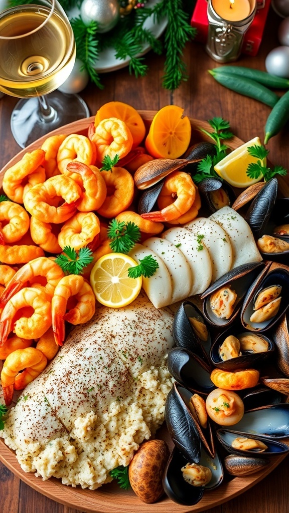 A festive seafood platter for the Feast of the Seven Fishes, featuring calamari, shrimp, cod, clams, and mussels, garnished with parsley.